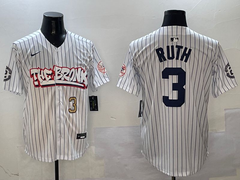Men New York Yankees #3 Ruth White Stripe four generations Joint Name 2025 Nike MLB Jersey style 4